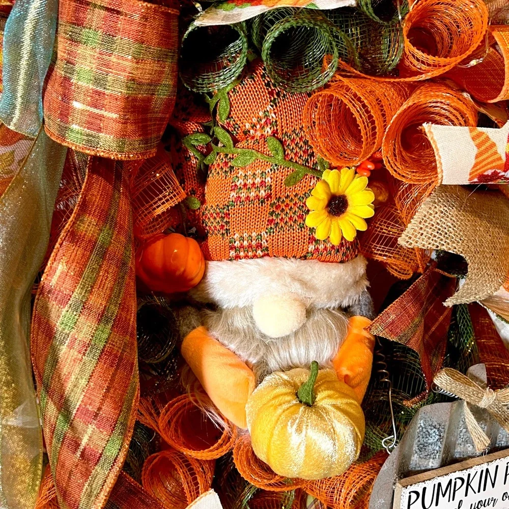 Autum Fall Ribbon Wreath Pumpkin Gnome Handmade 22 in’s. #W2